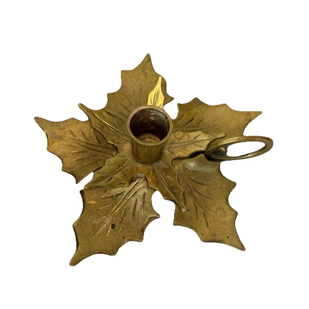 Vintage Solid Brass Holly Leaf Candlestick Holder Ring Handle Christmas‎ MCM